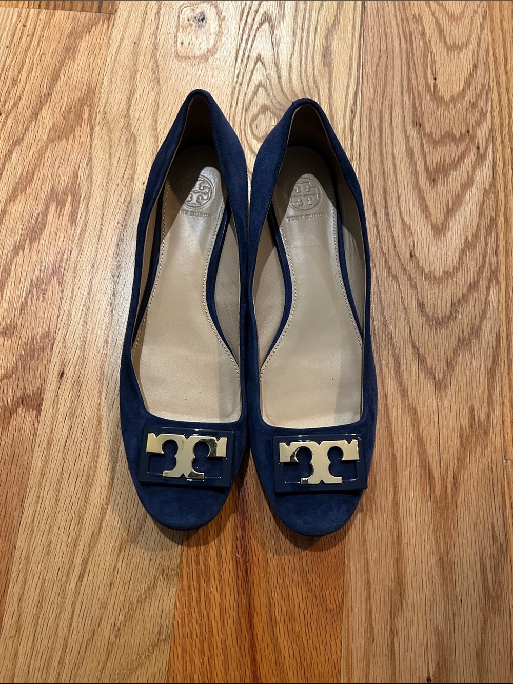 Tory Burch Navy Suede Logo Flats with Gold Emblem